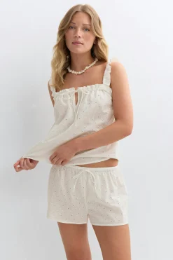Broderie loungewear shorts - Weiß - Dame - Gina Tricot