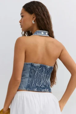 Denim rhinestone top - Blau - Dame - Gina Tricot