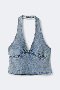 Denim rhinestone top - Blau - Dame - Gina Tricot