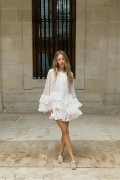 Flowy frill mini dress - Weiß - Dame - Gina Tricot