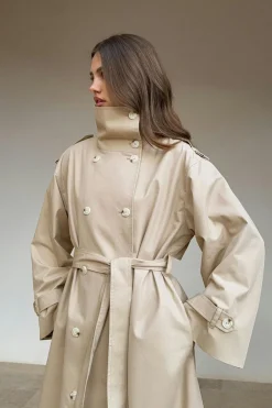 High neck cotton trench coat - Beige - Dame - Gina Tricot