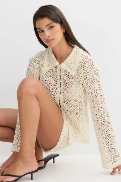 Knitted crochet shirt - Weiß - Dame - Gina Tricot
