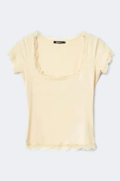 Lace detail scoop neck top - Gelb - Dame - Gina Tricot