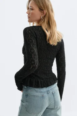 Lace v-neck top - Schwarz - Dame - Gina Tricot
