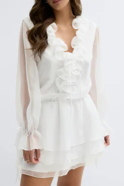 Long sleeve frill mini dress - Weiß - Dame - Gina Tricot