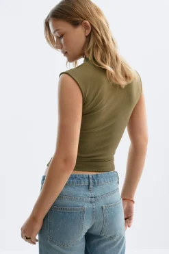Mandarin collar button top - Grün - Dame - Gina Tricot