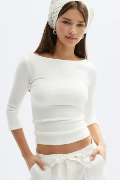 Quarter sleeve boatneck top - Weiß - Dame - Gina Tricot