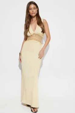 Satin lace maxi dress - Gelb - Dame - Gina Tricot