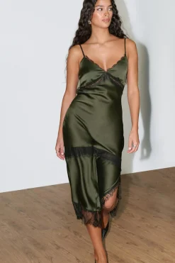 Satin lace midi dress - Grün - Dame - Gina Tricot