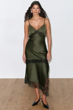 Satin lace midi dress - Grün - Dame - Gina Tricot