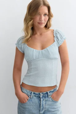 Textured puff sleeve top - Blau - Dame - Gina Tricot