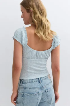 Textured puff sleeve top - Blau - Dame - Gina Tricot