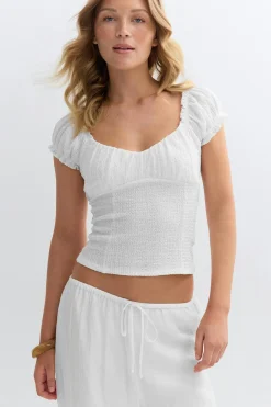 Textured puff sleeve top - Weiß - Dame - Gina Tricot
