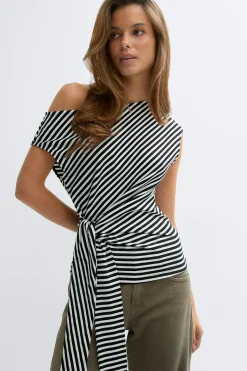 Tie detail stripe top - Schwarz - Dame - Gina Tricot