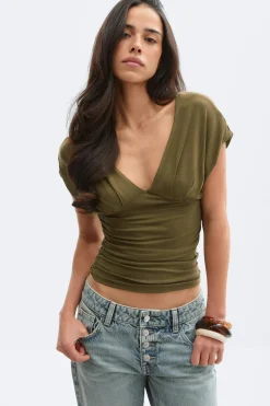 V-neck top - Grün - Dame - Gina Tricot