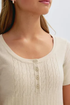 Y knitted short sleeve top - Beige - Gina Tricot
