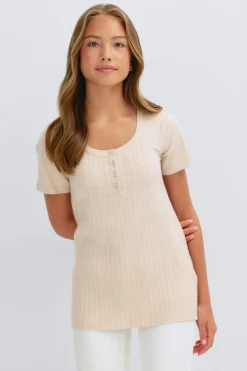 Y knitted short sleeve top - Beige - Gina Tricot