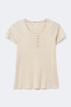 Y knitted short sleeve top - Beige - Gina Tricot