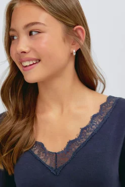 Y lace quarter sleeve top - Blau - Gina Tricot