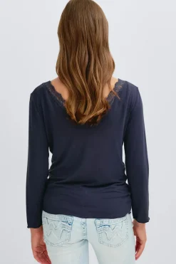Y lace quarter sleeve top - Blau - Gina Tricot